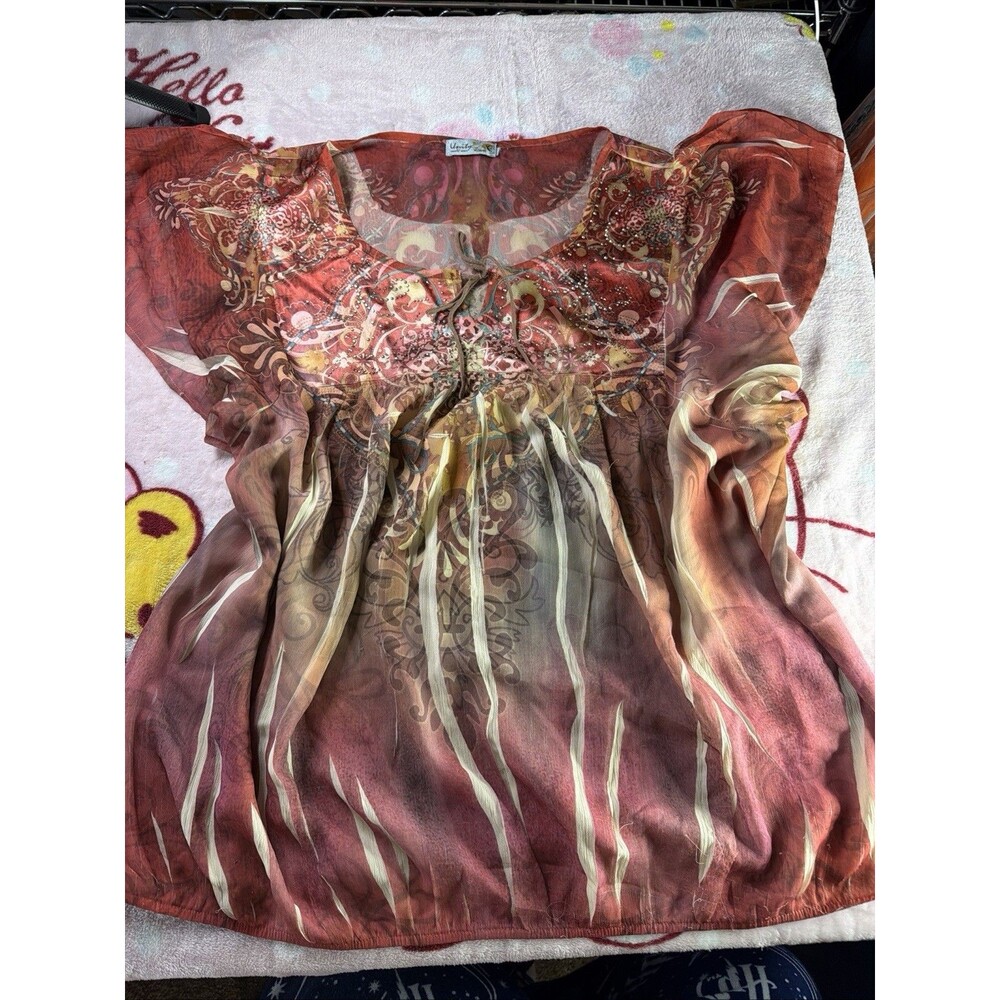 Vtg Y2K Unity World Wear Embellished Tunic Top Blouse Size 2X Women Multicolor